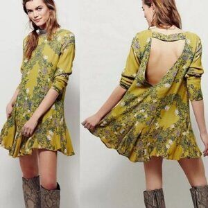 Free People Smooth Talker Green Floral Tunic Mini Dress Open Back Size S